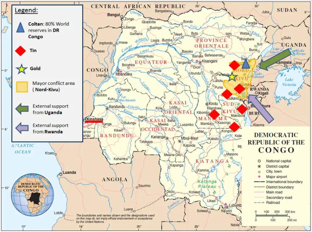 Mapa de la República Democrática del Congo con las zonas de mayor conflicto y los principales yacimientos mineros.