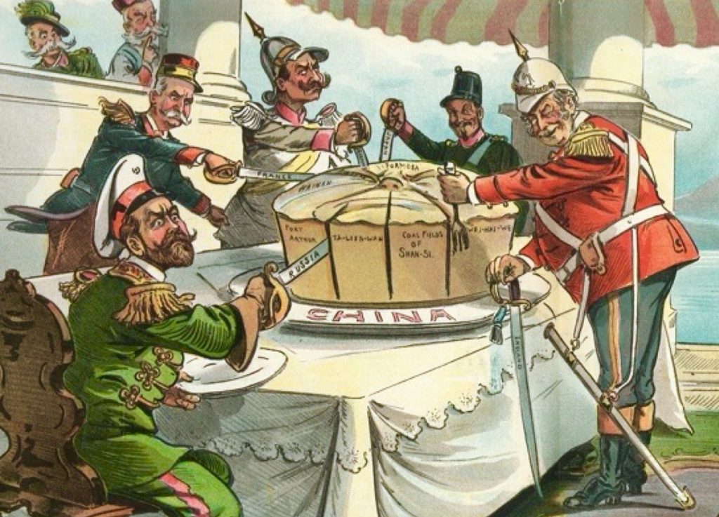 Ilustración que muestra cómo el Imperio del Centro fue dividido por las potencias extranjeras, dando inicio al siglo de la humillación nacional en China.