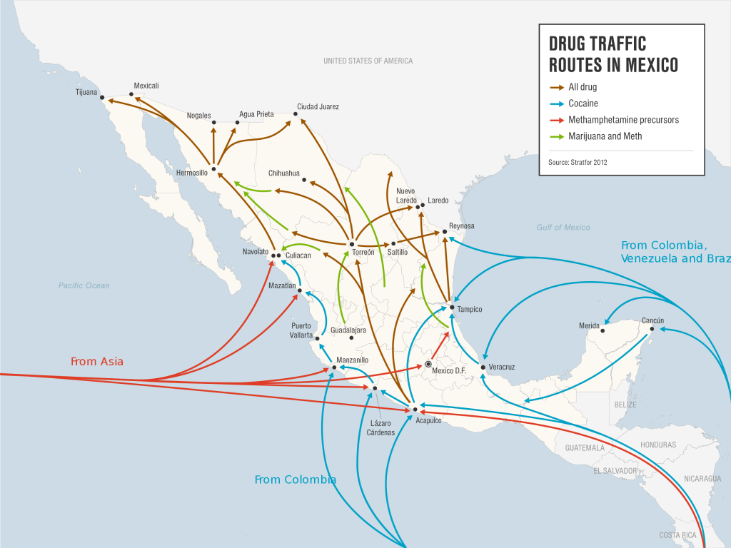 Rutas del narcotráfico en América Central. La venta de narcóticos es una de las actividades más lucrativas del crimen organizado en México.