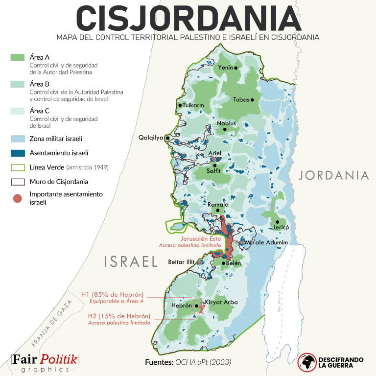 Mapa a color de la división administrativa en Cisjordania y la presencia israelí en la región