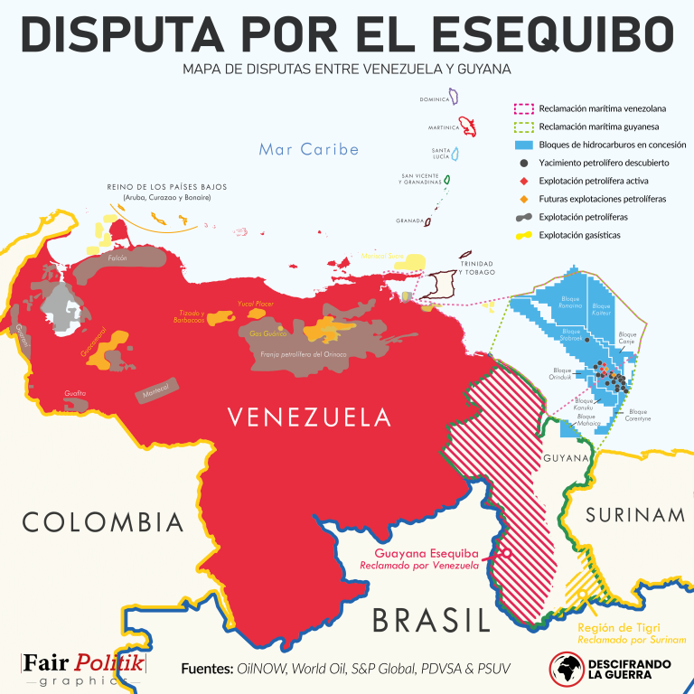 Mapa de la disputa por el Esequibo entre Venezuela y Guyana. También aparecen las principales reservas de hidrocarburos existentes.