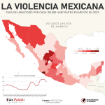 Mapa con la tasa de homicidios en México por estado según los datos recopilados por el Instituto Nacional de Estadística y Geografía.