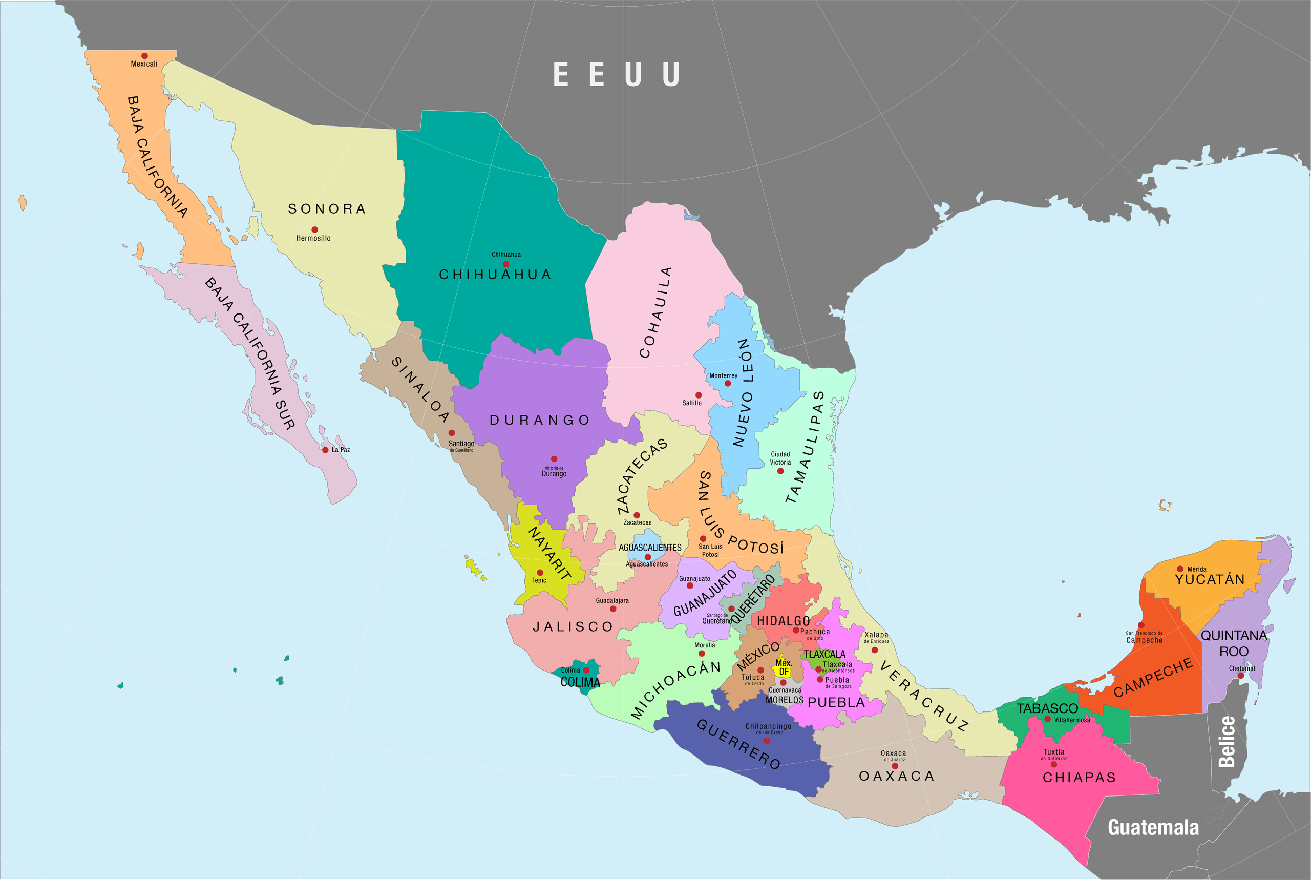 Mapa político de México con los nombres de los estados y sus capitales.