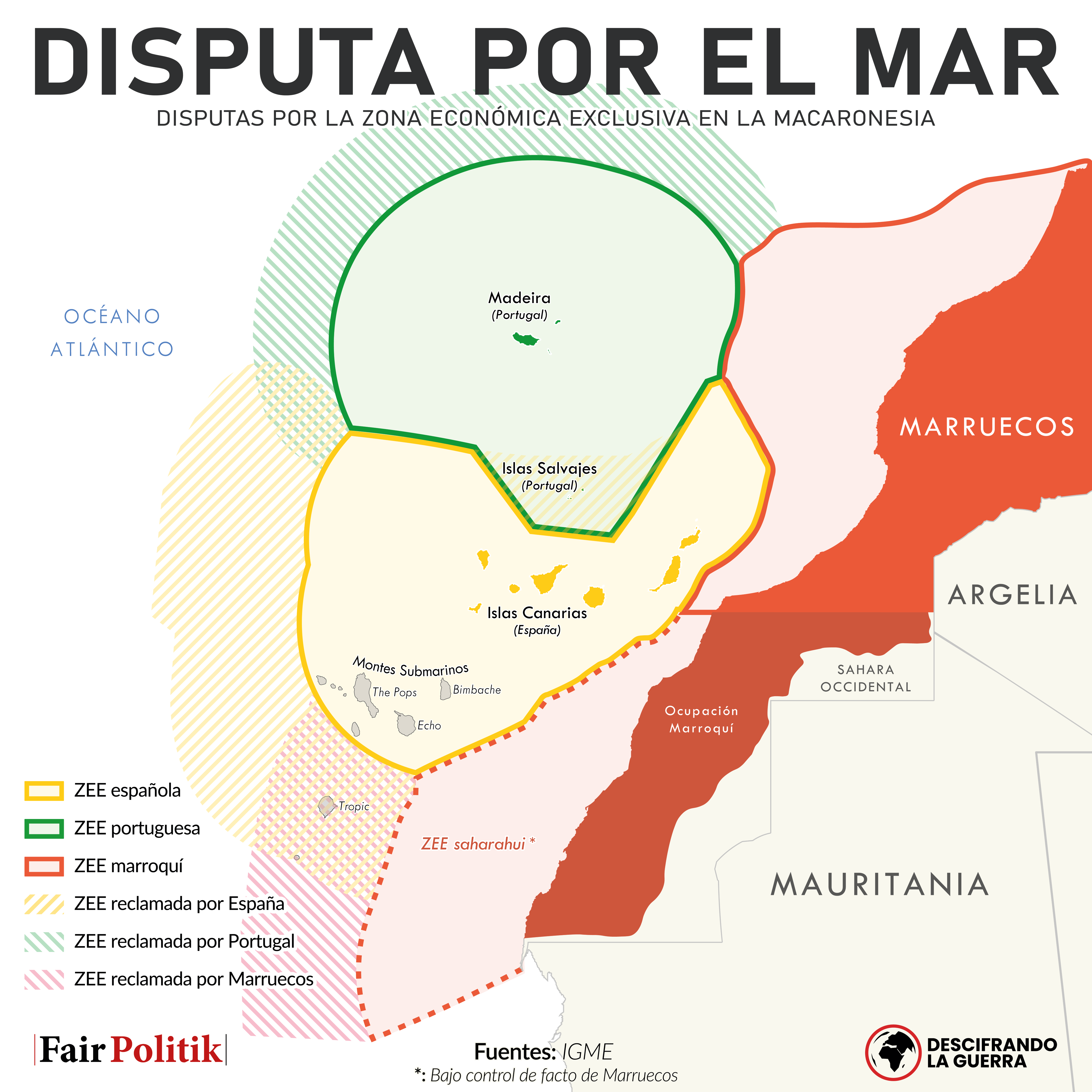 Mapa de las reclamaciones marítimas de España, Marruecos, Portugal y Sáhara en Macaronesia.
