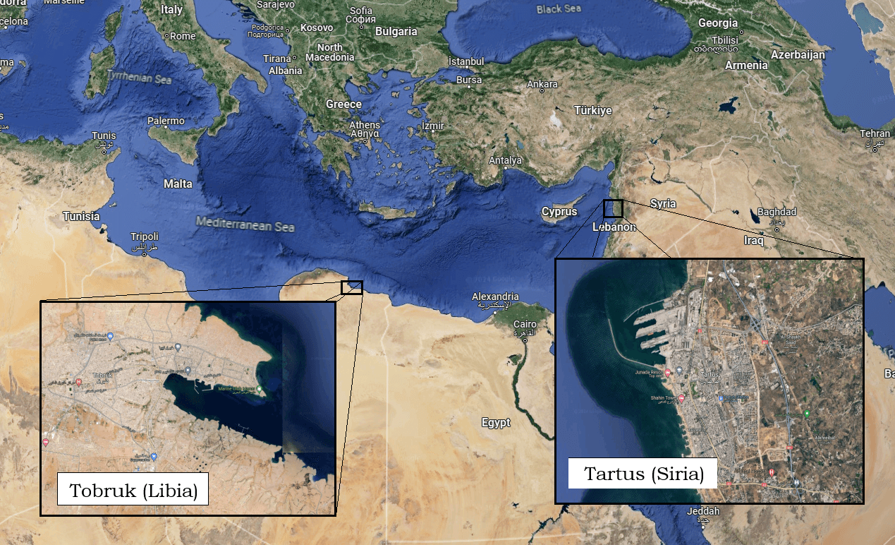Ubicación de los puertos de Tartus y Tobruk. La presencia de empresas militares privadas (PMCs) rusas en territorio libio es aprovechada por Rusia como una puerta de acceso a África.