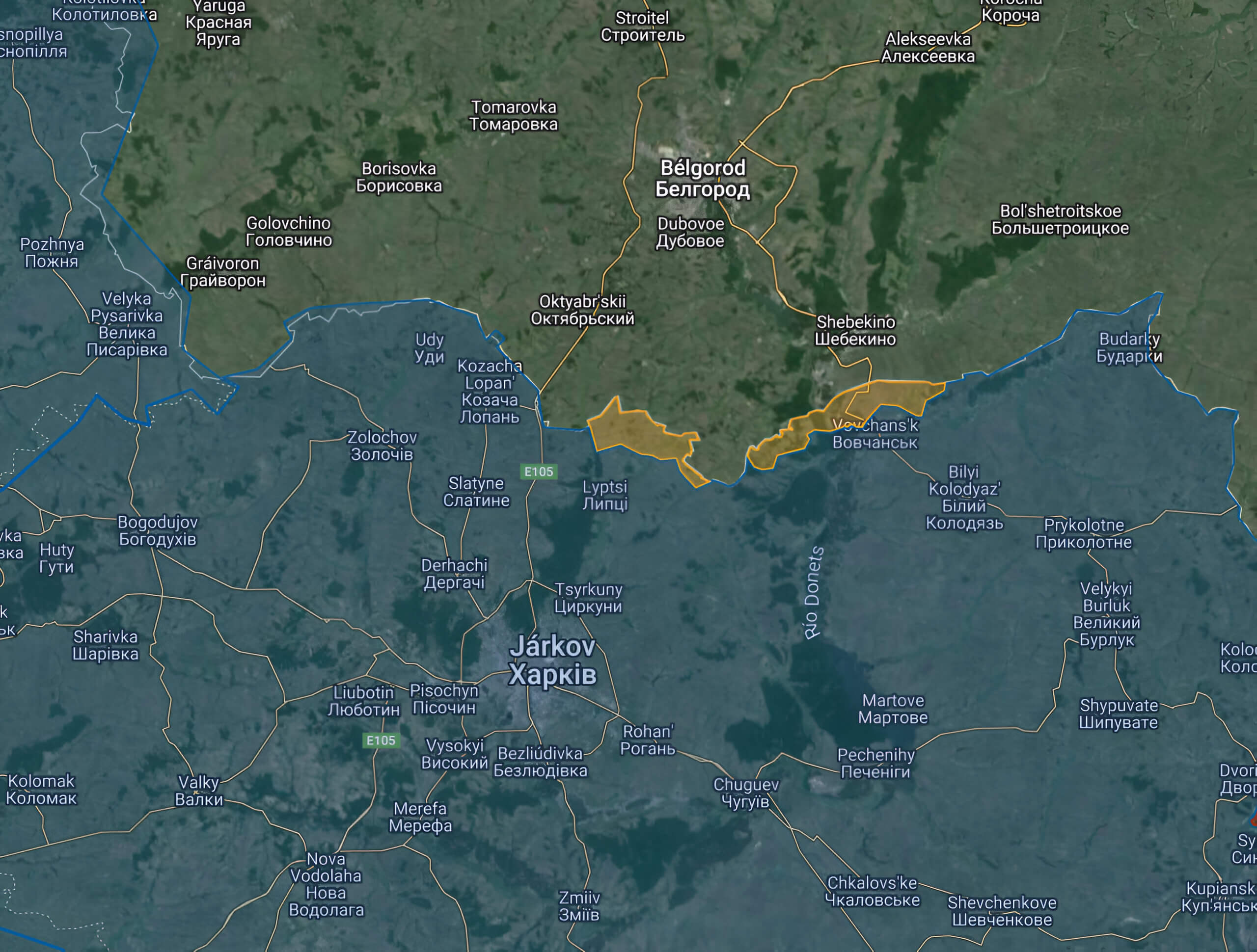 Incursión en Jarkov realizada por el ejército ruso a día 12 de mayo de 2024. En amarillo, el territorio ocupado por Rusia.