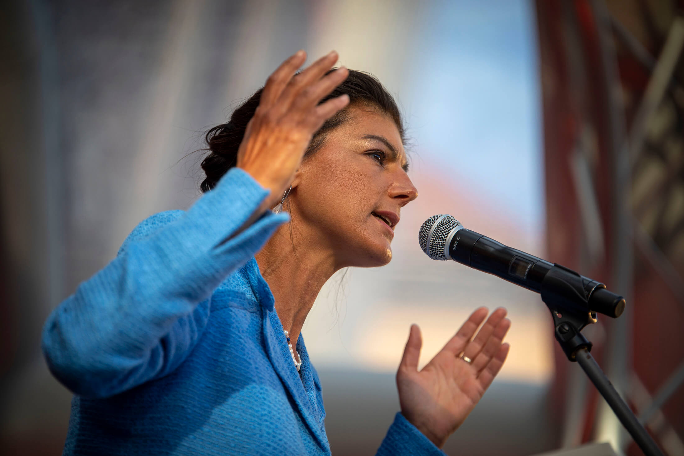Sahra Wagenknecht habla en un mitin, 2021.
