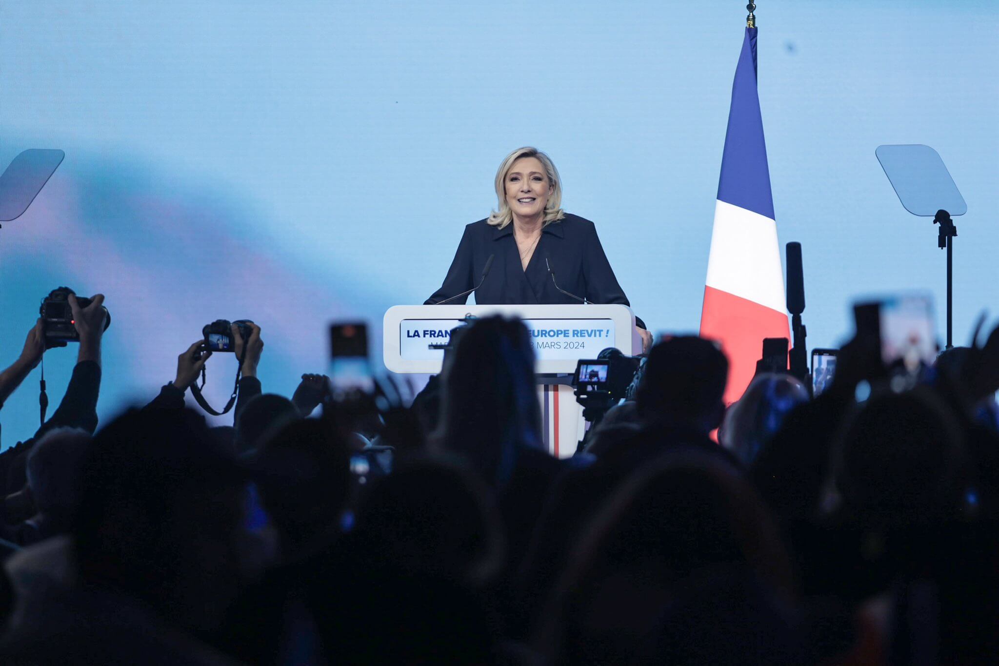 Marine Le Pen, líder de Reagrupamiento Nacional, en un acto de campaña para las elecciones europeas de junio de 2024.