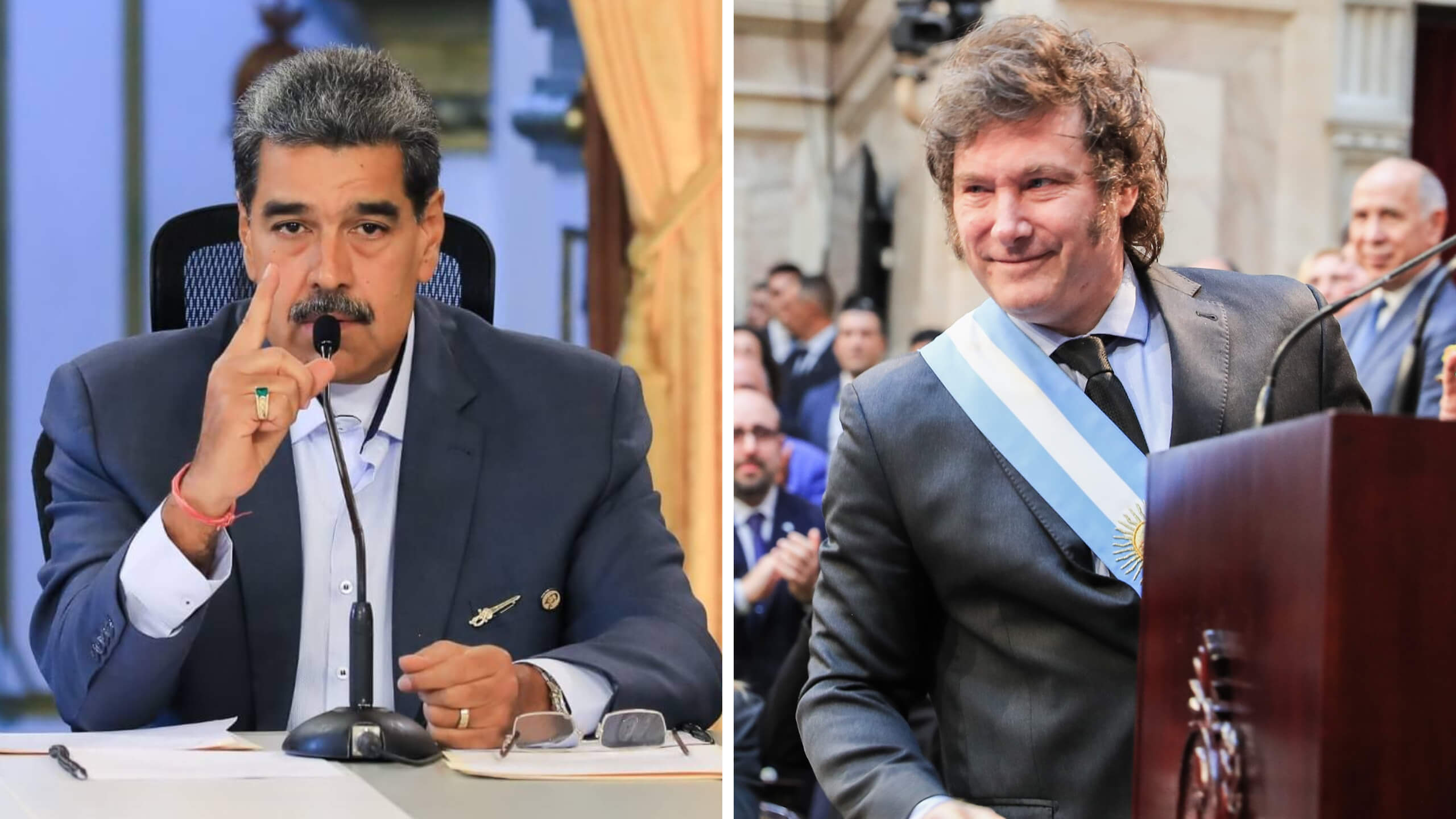 Nicolás Maduro, presidente de Venezuela, y Javier Milei, presidente de Argentina. 