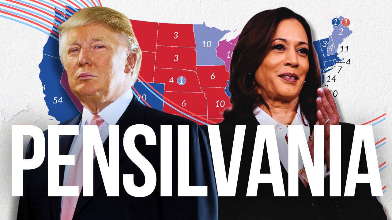 Donald Trump, candidato del Partido Republicano, y Kamala Harris, candidata del Partido Demócrata. Pensilvania otorga 19 compromisarios.