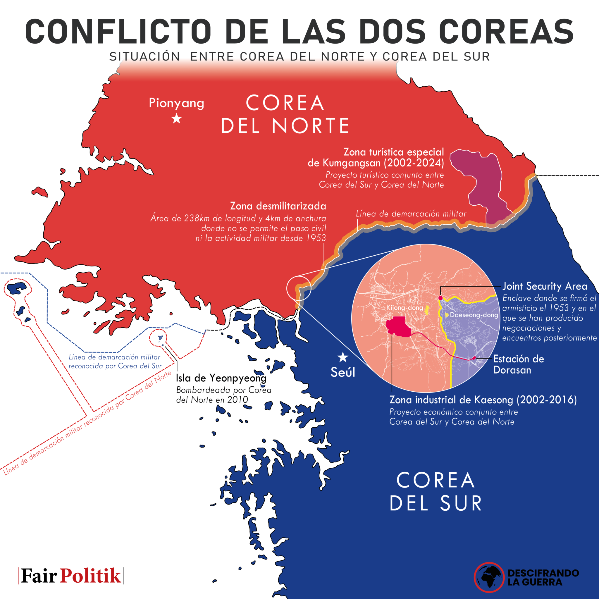 Mapa del conflicto entre Corea del Norte y Corea del Sur.