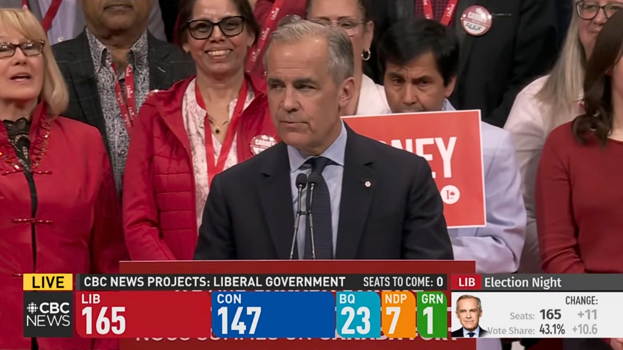 Mark Carney celebra sus resultados en las elecciones de Canadá