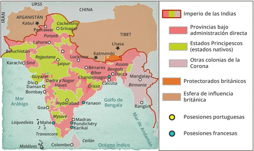 Mapa del Raj británico.