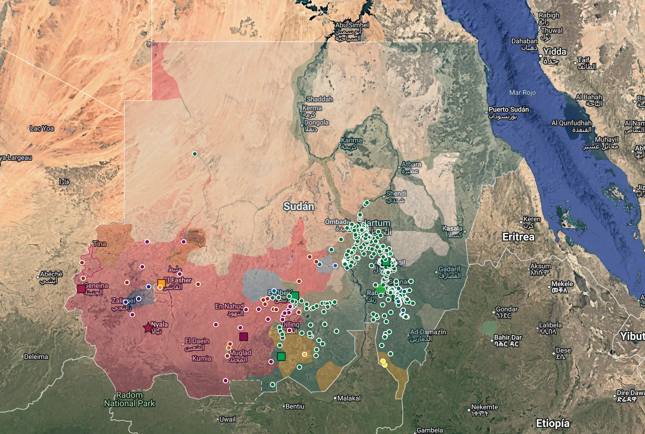 Control territorial de las Fuerzas de Apoyo Rápido (en rojo) y de las Fuerzas Armadas Sudanesas (en verde).