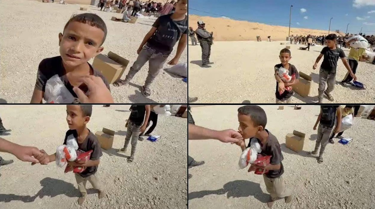Amir, un niño palestino de Gaza, recibe alimentos antes de ser disparado mortalmente por las Fuerzas de Defensa de Israel.