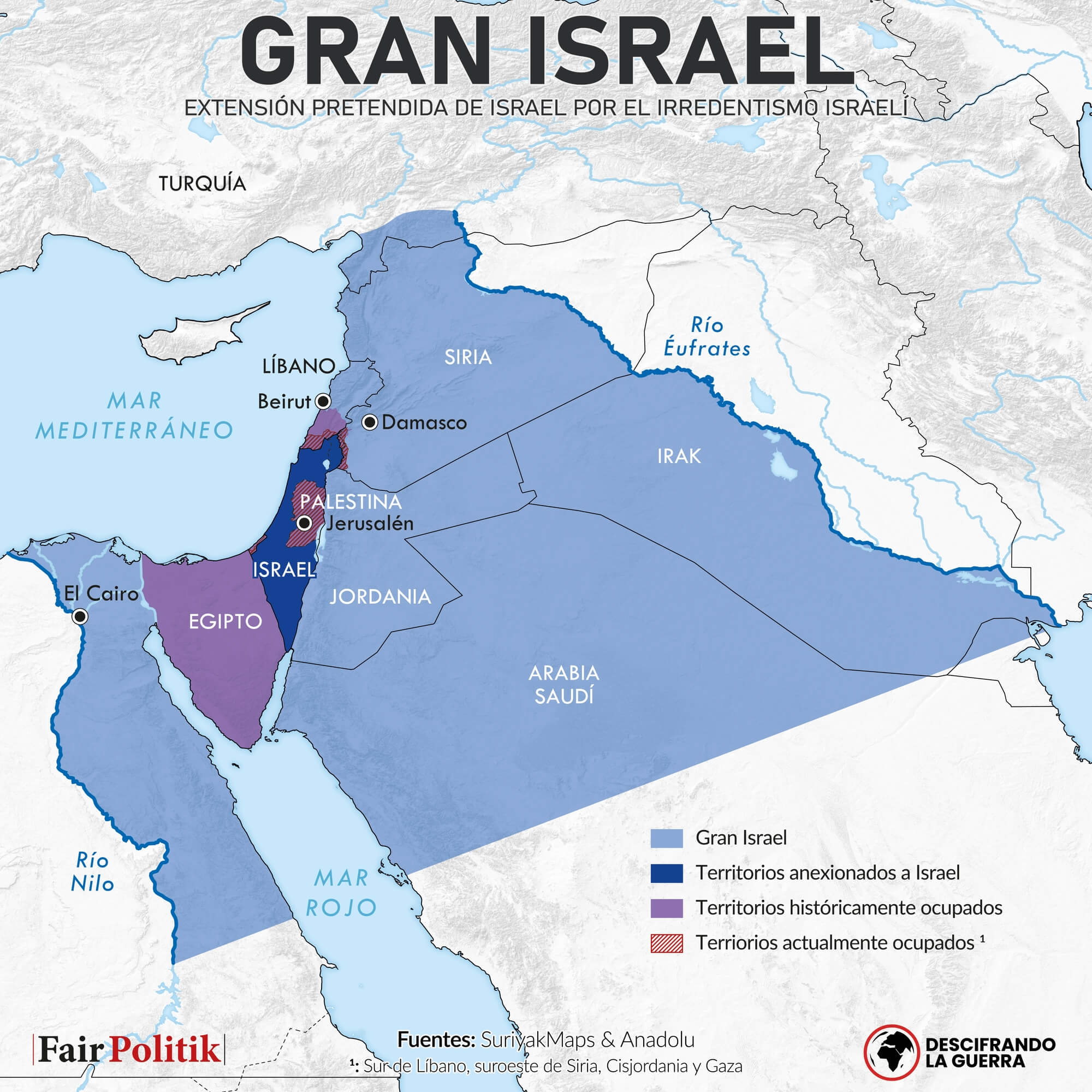 Mapa del Gran Israel, las aspiraciones expansionistas del sionismo.