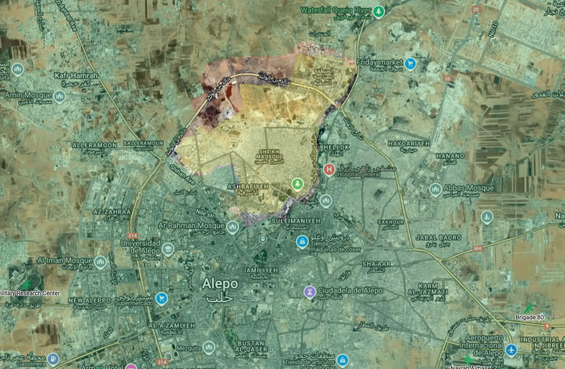 En amarillo, los barrios kurdos de Sheikh Maqsoud y Ashrafiyeh, en Alepo, controlados por las fuerzas kurdas y epicentro de los combates.