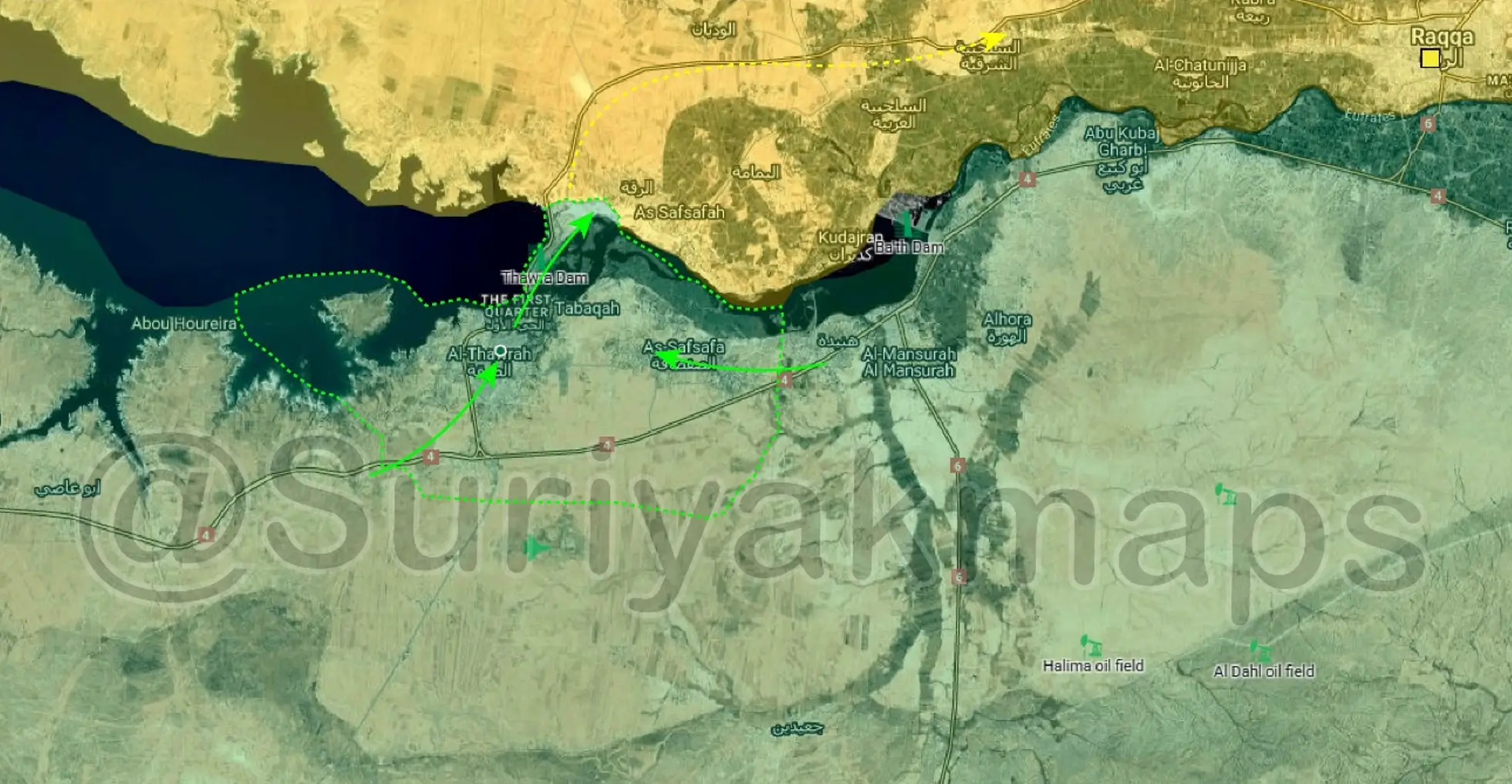 Toma de la ciudad y la presa de Tabqa por parte del ejército sirio (verde).