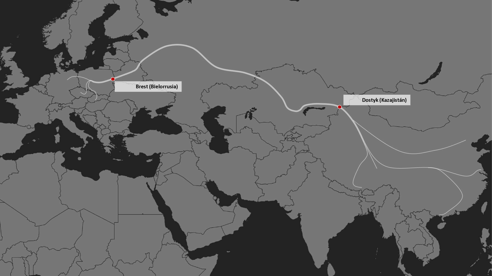 Mapa del Puente Terrestre Euroasiático entre China y Bielorrusia, así como de las terminales ferroviarias fronterizas de Dostyk y Brest.