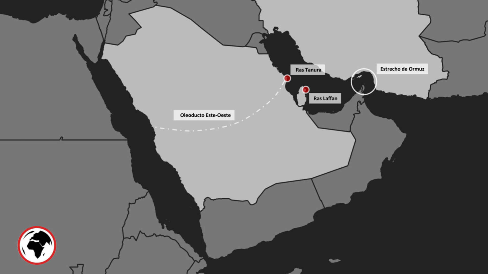 Infraestructuras energéticas atacadas por Irán en Catar (Ras Laffan) y Arabia Saudí (Ras Tanura), junto al oleoducto este-oeste saudí y el estrecho de Ormuz.