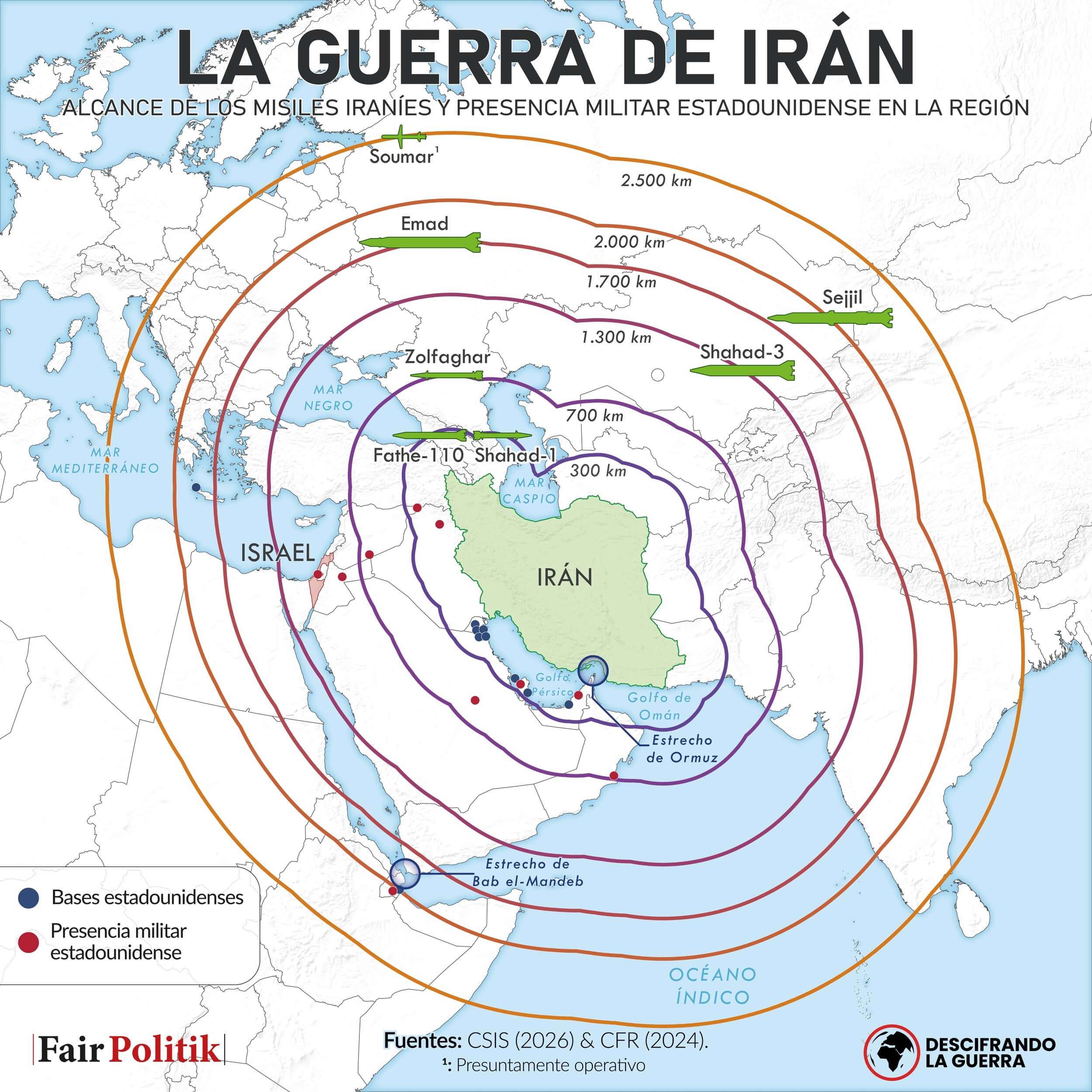 Mapa del arsenal de misiles de Irán y la presencia militar de Estados Unidos en la región.