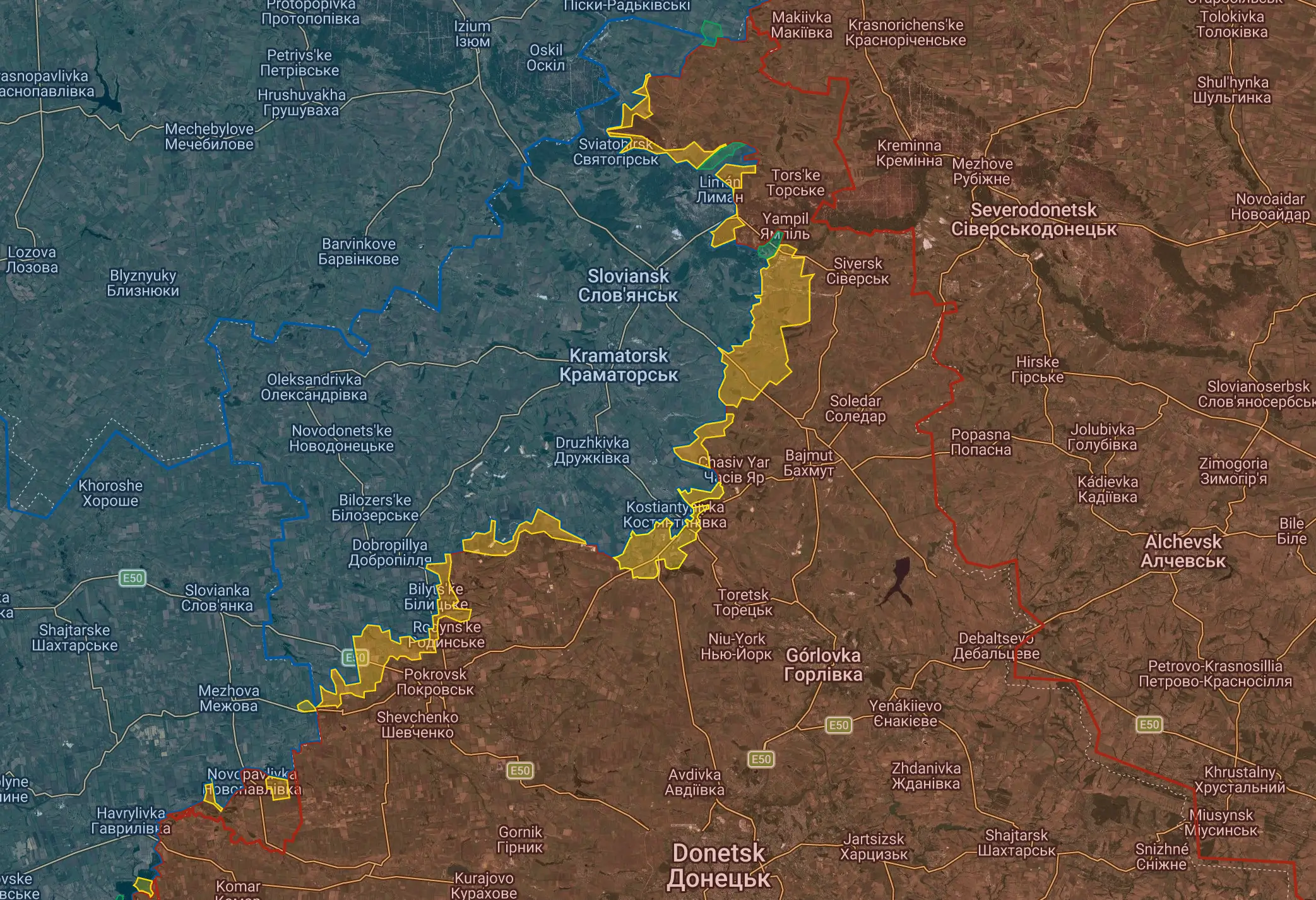 Los principales ejes de avance de Rusia (en amarillo) se concentran en el norte de Donetsk, el sector de Lyman, el este de Kramatorsk y zonas clave como Kostiantynivka, que actúa como una ciudad fortaleza en la defensa ucraniana (en azul).