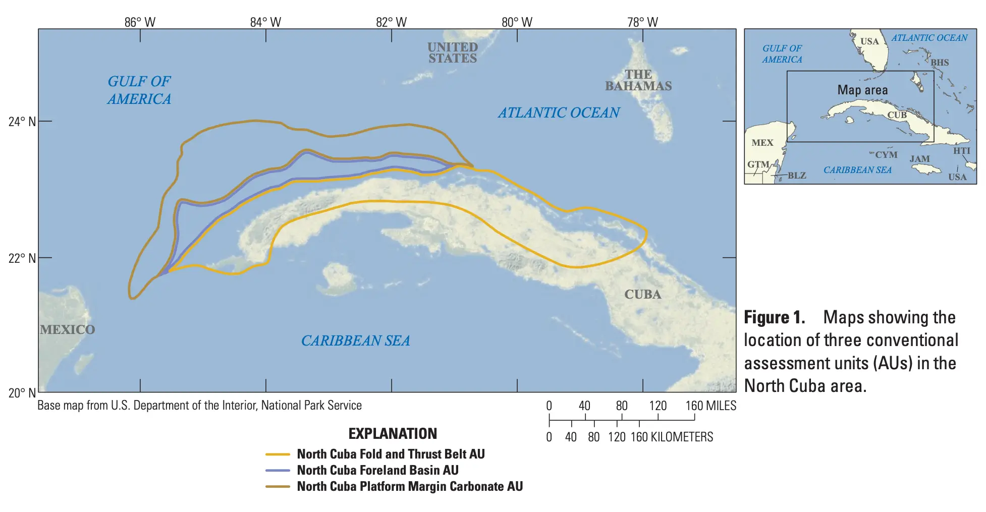 Mapa oficial del Servicio Geológico de Estados Unidos (USGS) que delimita las zonas geológicas donde se calcula que se encuentran los recursos energéticos aún no descubiertos de Cuba.