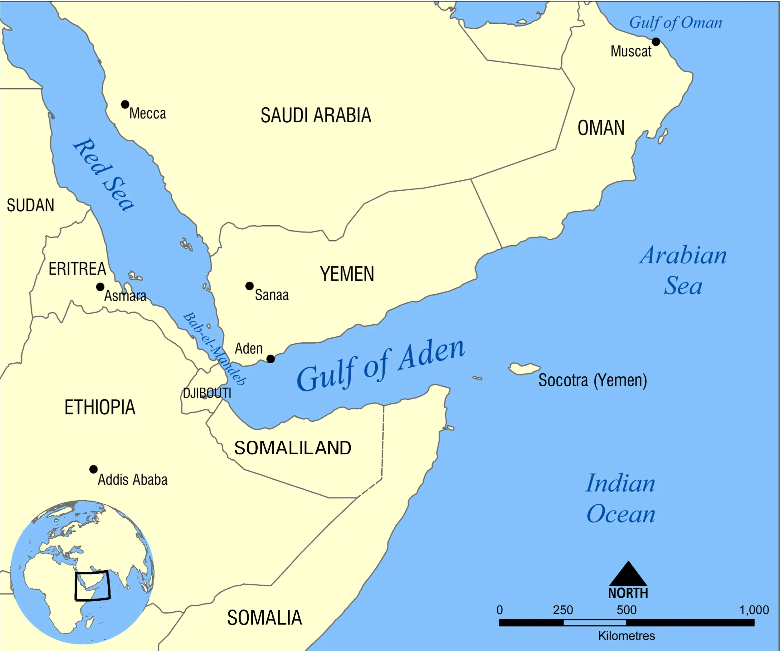 Mapa del estrecho de Bab el-Mandeb.