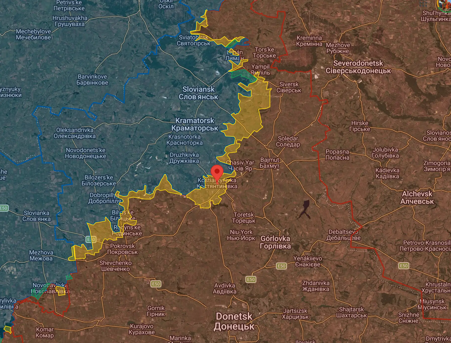 Ubicación de Kostantínovka, al norte de Donetsk, ciudad conquistada por Rusia.