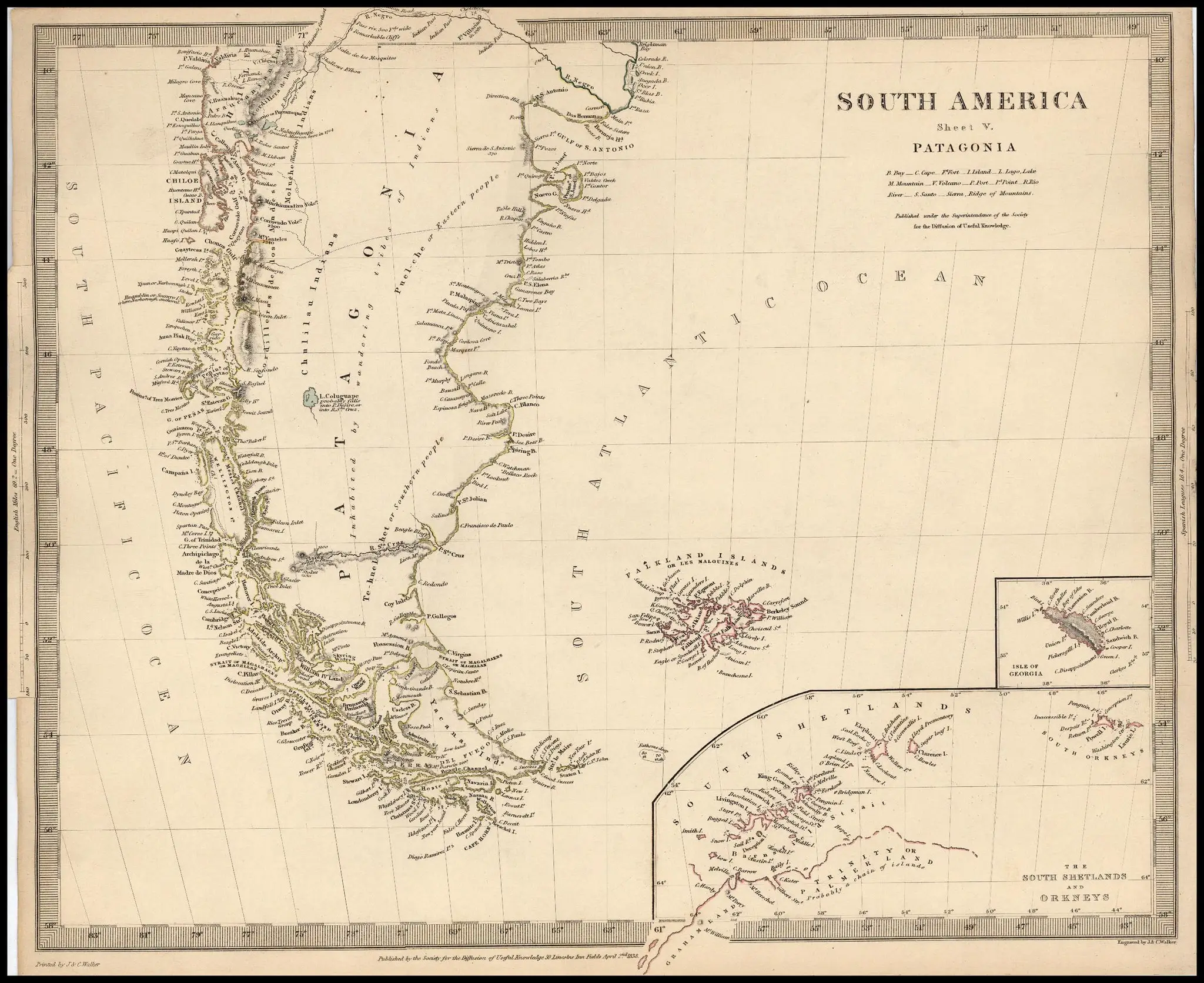 Mapa histórico de Sudamérica, incluyendo las Islas Malvinas.