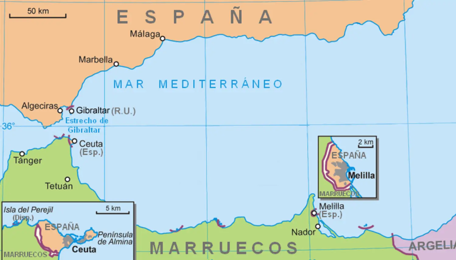 Ubicación geográfica de Ceuta y Melilla.