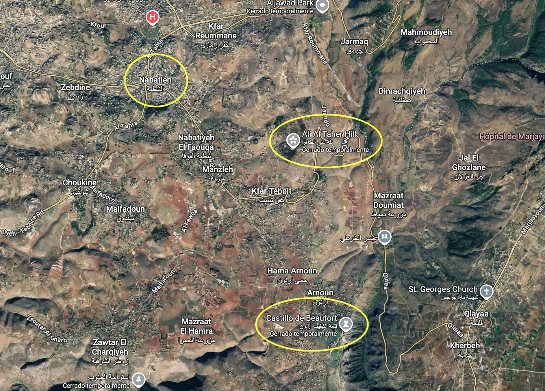 Mapa en el que se ubican el castillo de Beaufort, la colina de Ali Taher y la ciudad de Nabatiye.