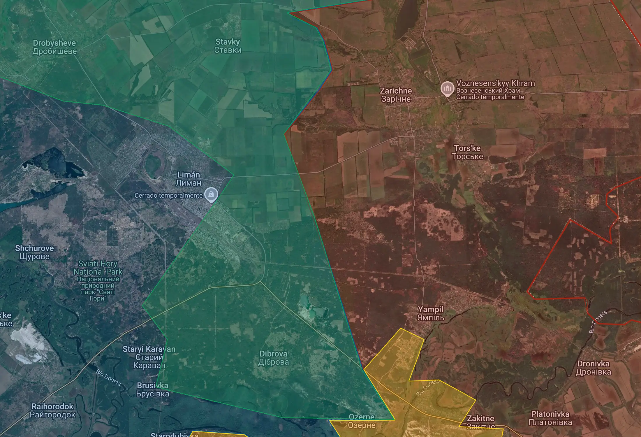 Situación en Limán y sus alrededores a 28 de septiembre de 2026. En azul, territorio controlado por Ucrania; en azul turquesa, territorio recuperado por Ucrania en 2026; en amarillo, territorio conquistado por Rusia en 2026; en rojo, territorio controlado por Rusia desde el inicio de la guerra en 2022 hasta 2025.