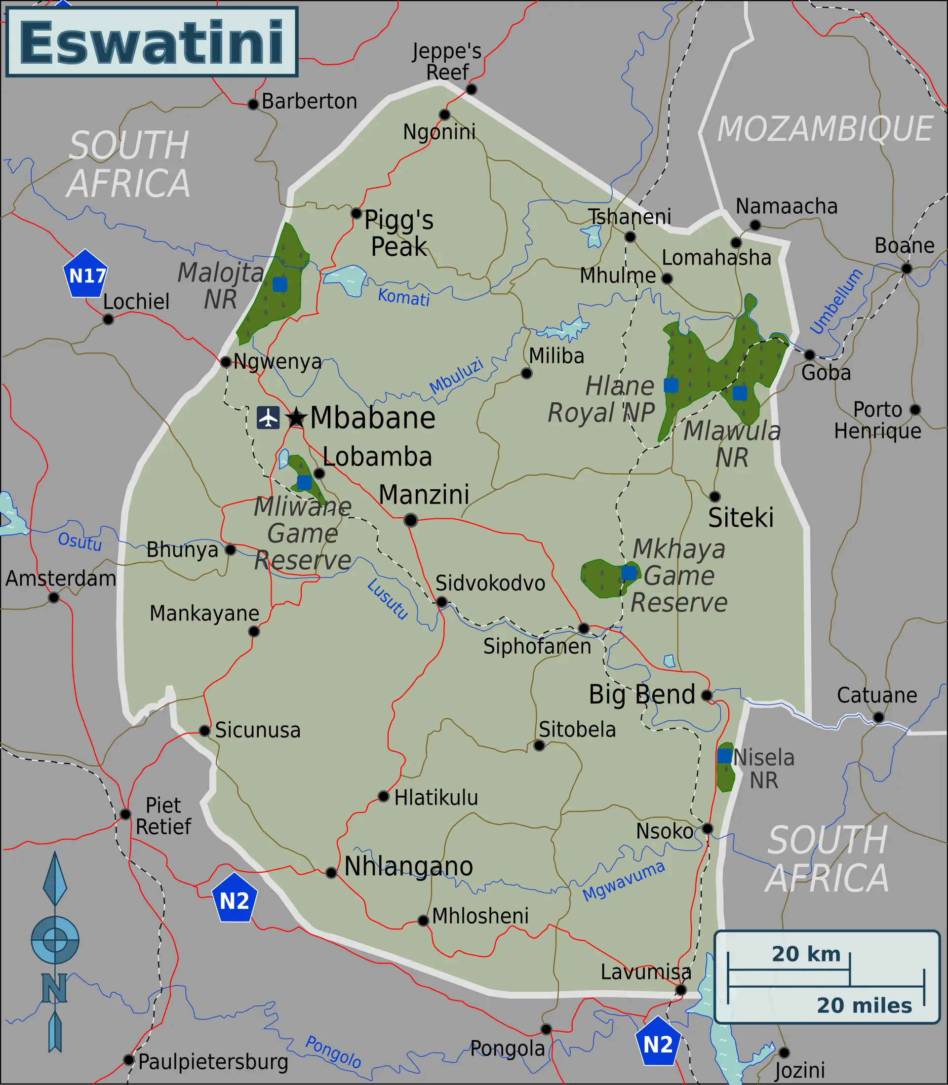 Mapa de Esuatini, país rodeado por Sudáfrica y Mozambique.