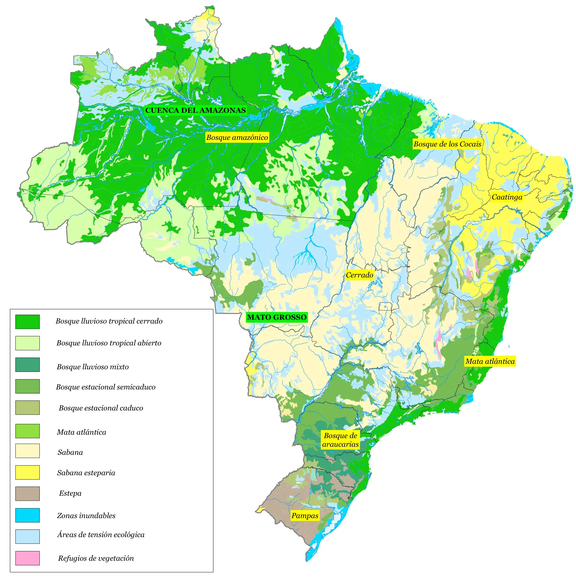 Distribución de los principales biomas de Brasil, desde la Amazonia y el Cerrado hasta la Caatinga, la Mata Atlántica y las Pampas del sur.
