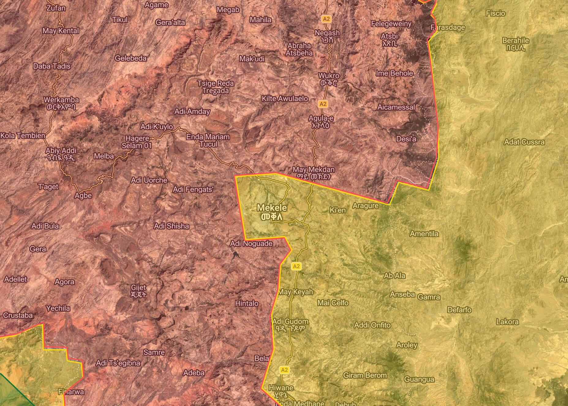 Control territorial en Mekelle y sus alrededores a 5 de octubre de 2026. En rojo, territorio controlado por las Fuerzas de Defensa de Tigray (TDF)/Frente de Liberación del Pueblo de Tigray (TPLF); en amarillo, territorio controlado por el Ejército federal etíope.