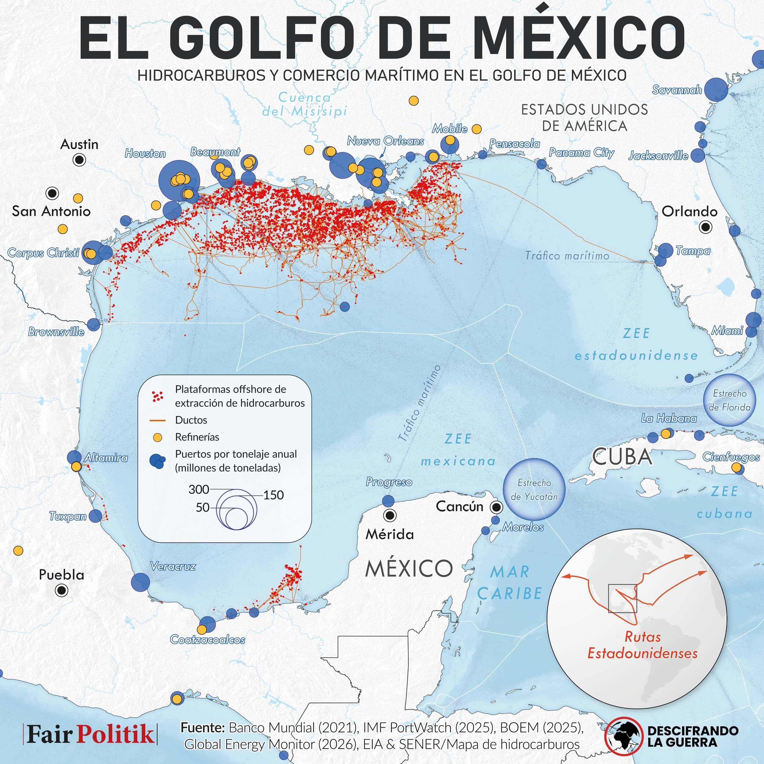 El golfo de México concentra importantes recursos energéticos y rutas marítimas que explican su valor estratégico para Estados Unidos y México.