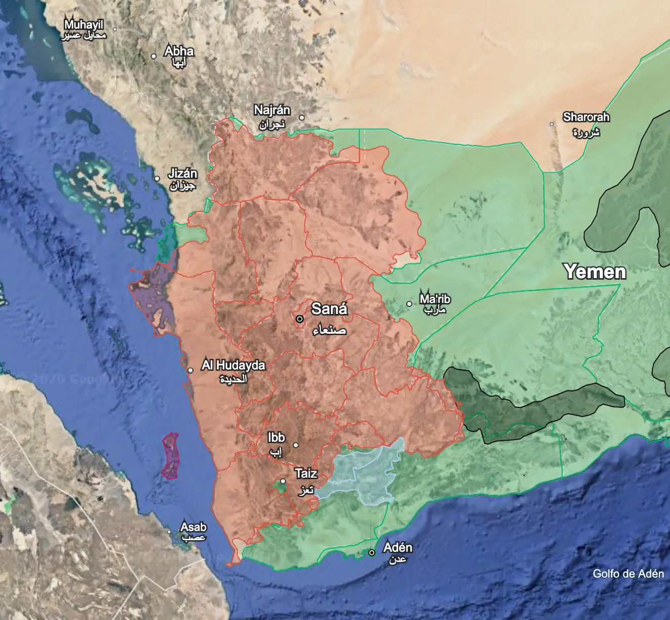 Control territorial en la parte occidental de Yemen a 8 de octubre de 2026. En rojo, territorio controlado por los hutíes; en verde, por las fuerzas del Consejo de Liderazgo Presidencial (PLC); en azul, por el Consejo de Transición del Sur de Yemen (STC); en negro, presencia de AlQaeda en la Península Arábiga.