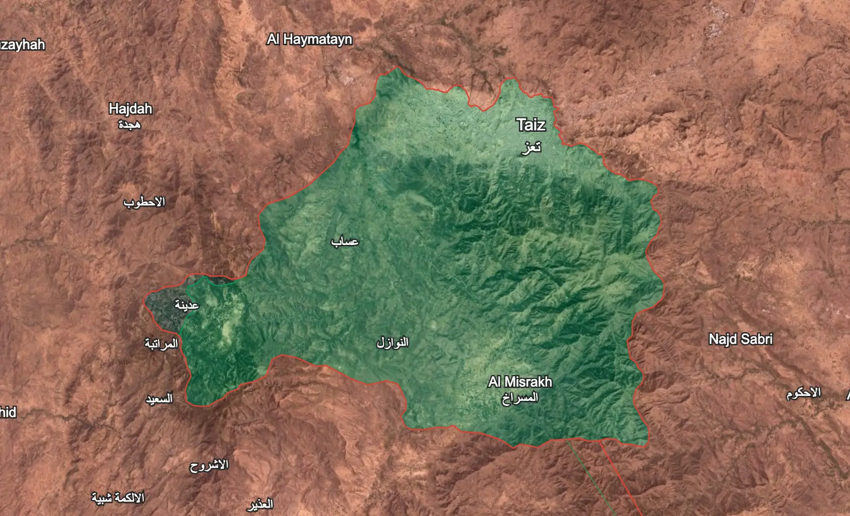 Situación en la ciudad de Taiz y alrededores a 6 de octubre de 2026. Nota: En rojo, territorio controlado por los hutíes; en verde, por las fuerzas del Consejo de Liderazgo Presidencial (PLC).