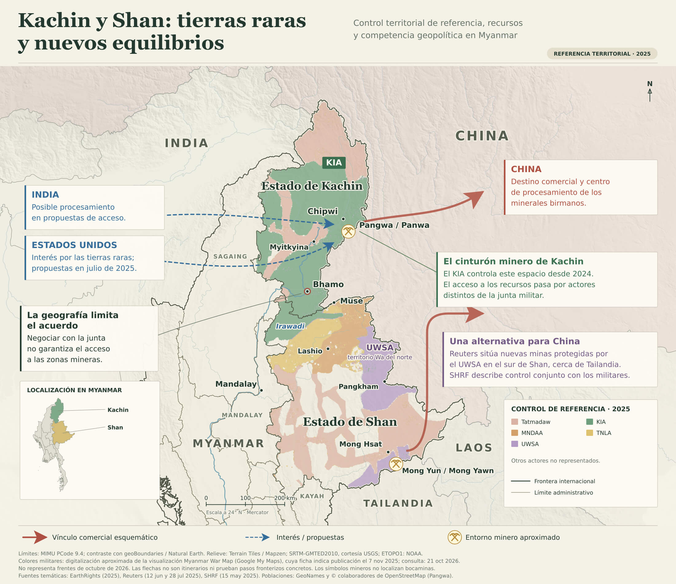 Mapa del control territorial en Kachin y Shan y de las principales minas de tierras raras pesadas.