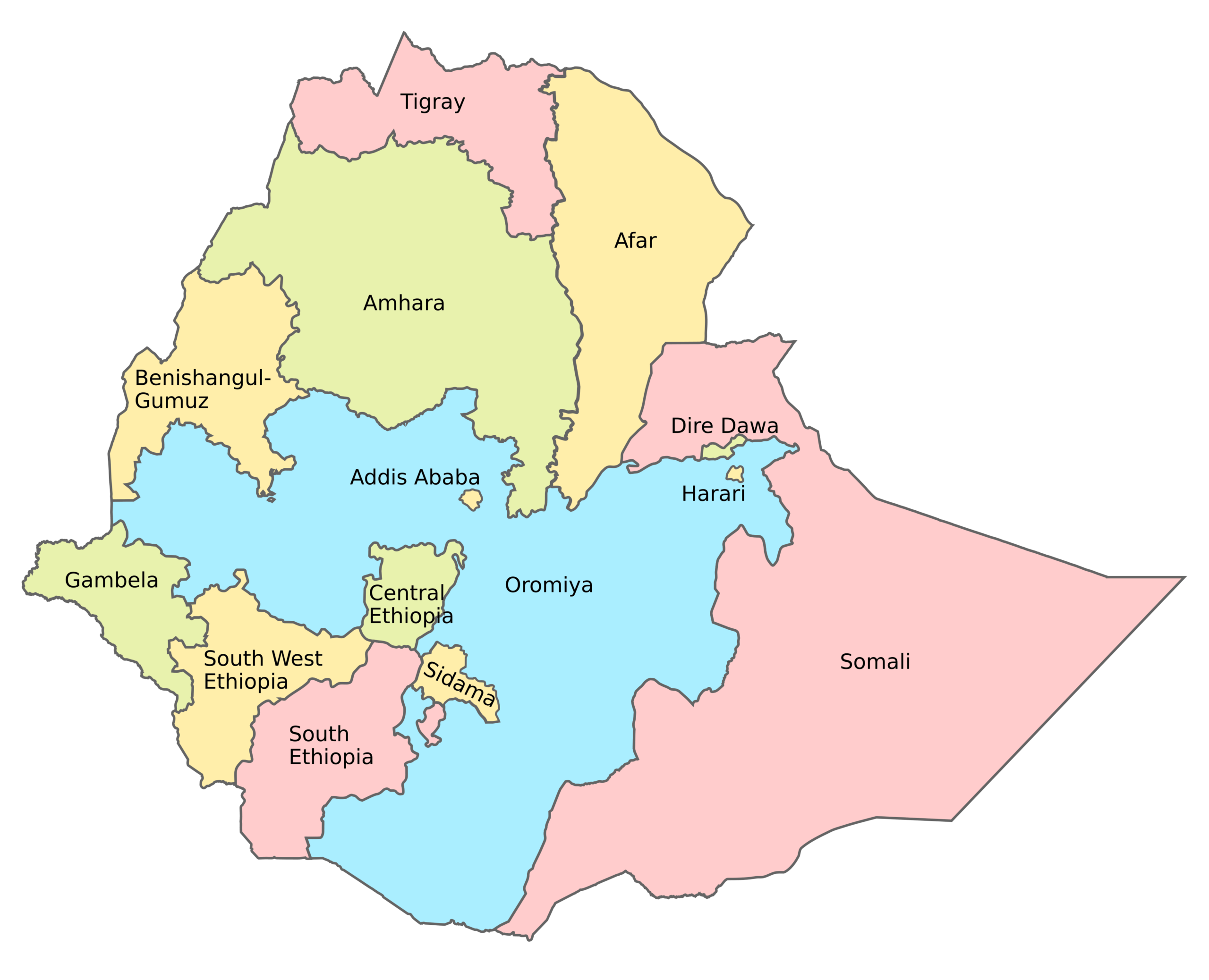 Mapa de las regiones administrativas de Etiopía.